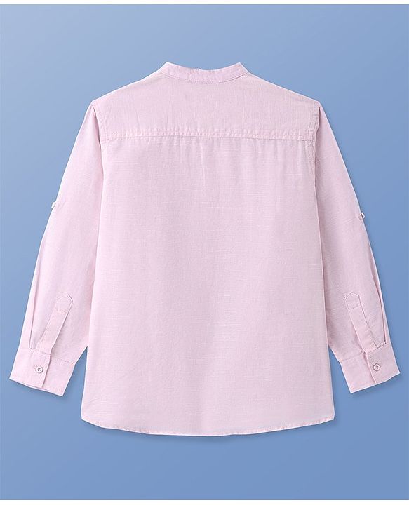 Pine Kids Linen Woven Full Sleeves Mandarin Collar Solid Shirt - Light Pink