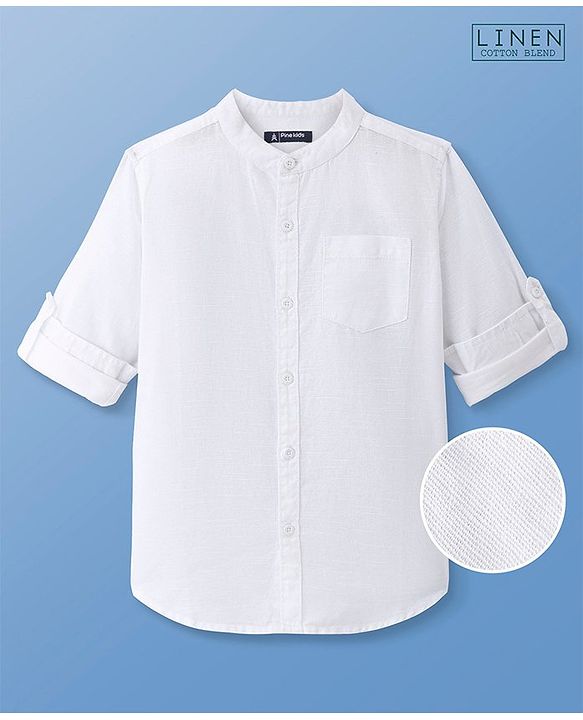 Pine Kids Linen Woven Mandarin Collar Full Sleeves Solid Shirt - White