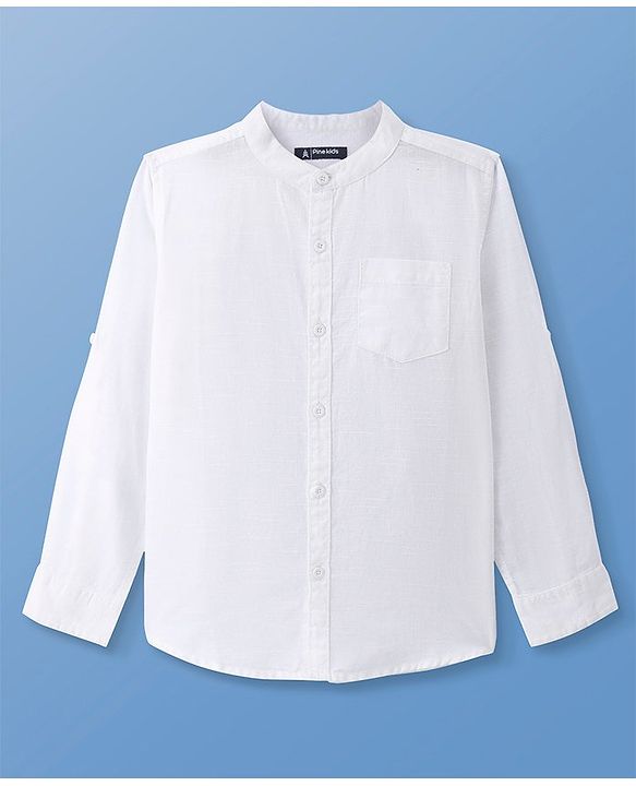 Pine Kids Linen Woven Mandarin Collar Full Sleeves Solid Shirt - White
