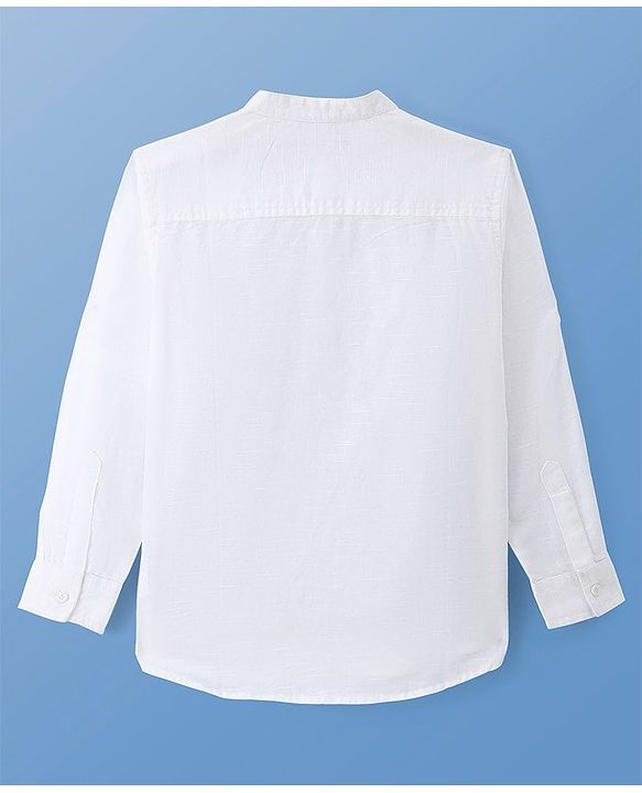 Pine Kids Linen Woven Mandarin Collar Full Sleeves Solid Shirt - White