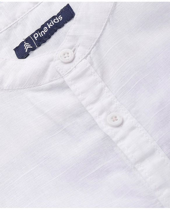 Pine Kids Linen Woven Mandarin Collar Full Sleeves Solid Shirt - White