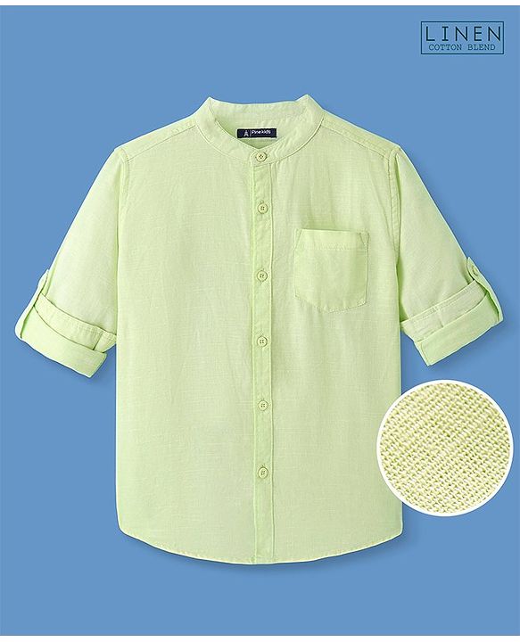 Pine Kids Linen Woven Full Sleeves Solid Shirt - Lime