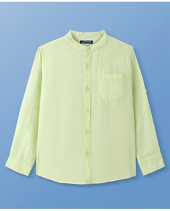 Pine Kids Linen Woven Full Sleeves Solid Shirt - Lime