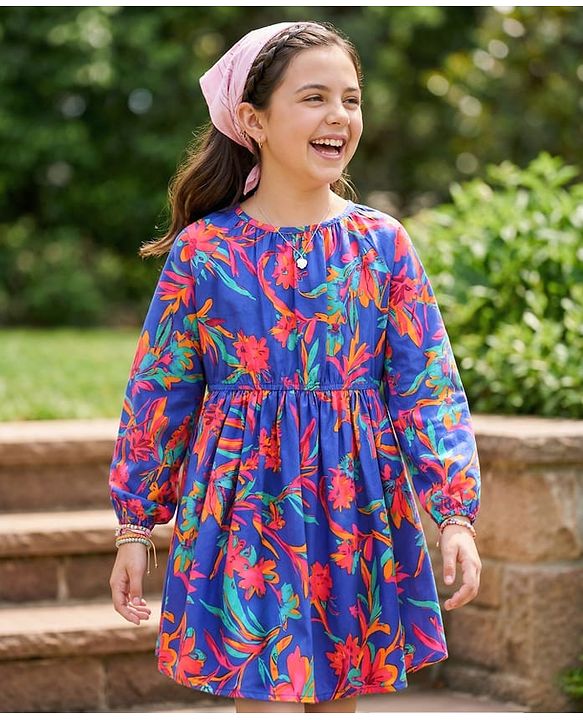 Pine Kids Poplin Woven Peasent Sleeves Floral Printed Frock - Blue