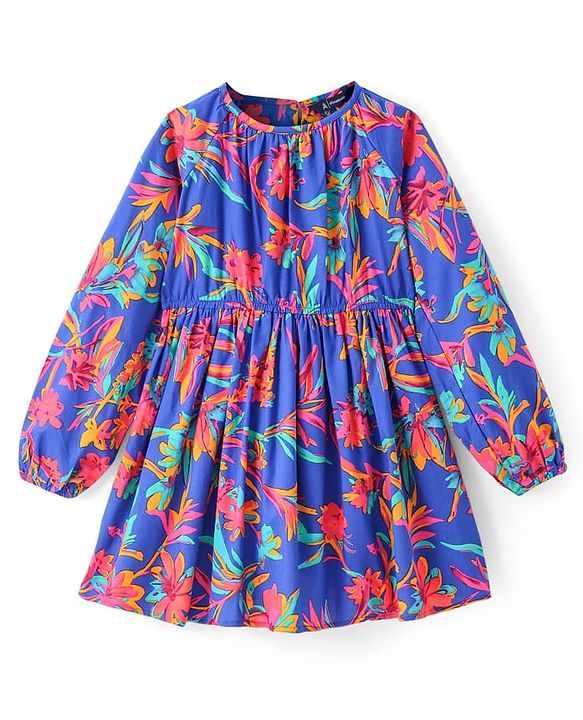 Pine Kids Poplin Woven Peasent Sleeves Floral Printed Frock - Blue