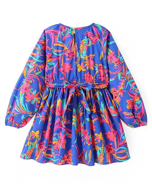 Pine Kids Poplin Woven Peasent Sleeves Floral Printed Frock - Blue