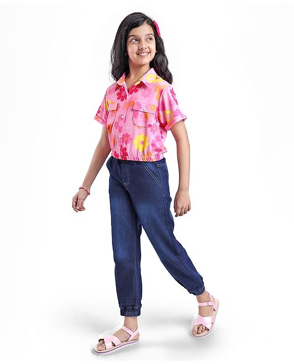 Pine Kids Woven Half Sleeves Floral Printed Top - Pink