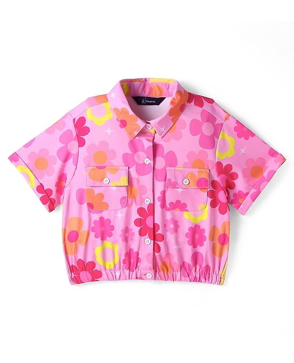 Pine Kids Woven Half Sleeves Floral Printed Top - Pink