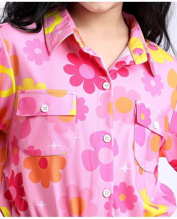 Pine Kids Woven Half Sleeves Floral Printed Top - Pink