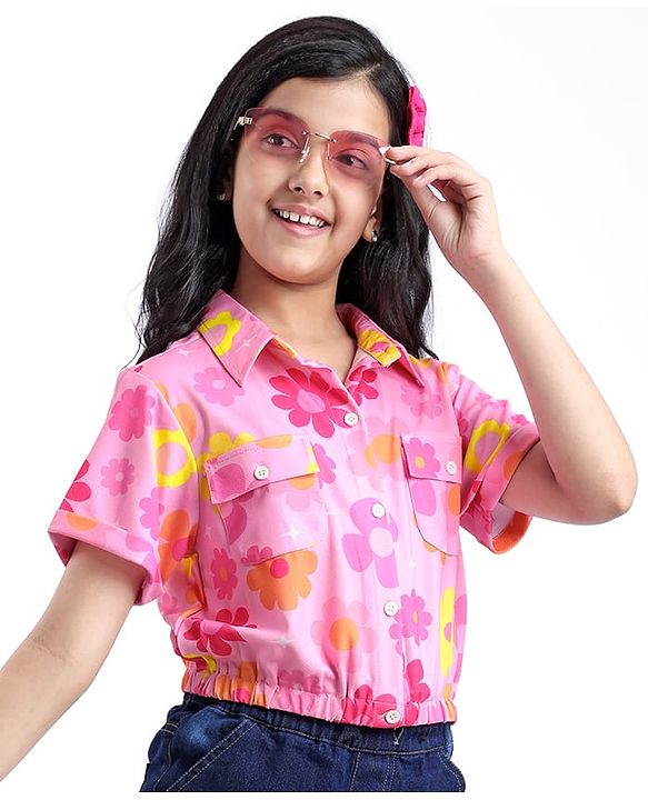 Pine Kids Woven Half Sleeves Floral Printed Top - Pink