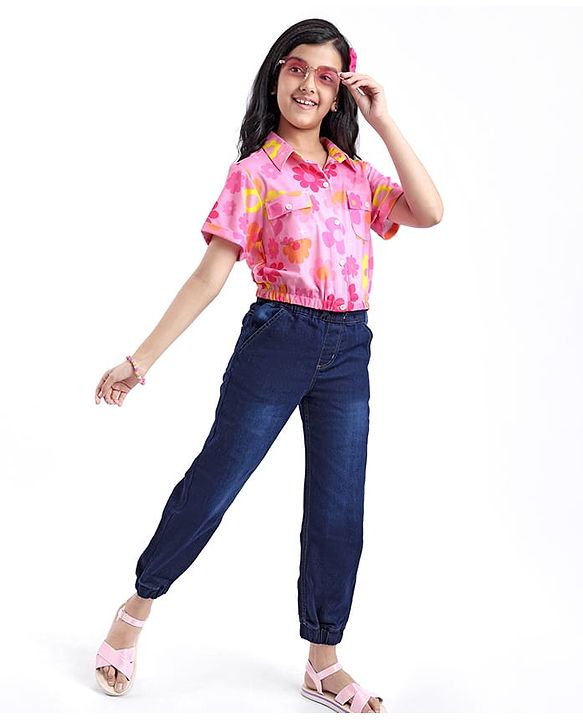 Pine Kids Woven Half Sleeves Floral Printed Top - Pink