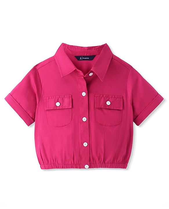 Pine Kids Woven Full Sleeves Collared Neck Front Open Solid Colour Top - Pink