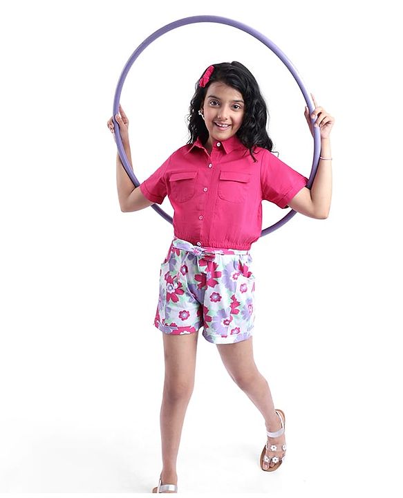 Pine Kids Woven Full Sleeves Collared Neck Front Open Solid Colour Top - Pink