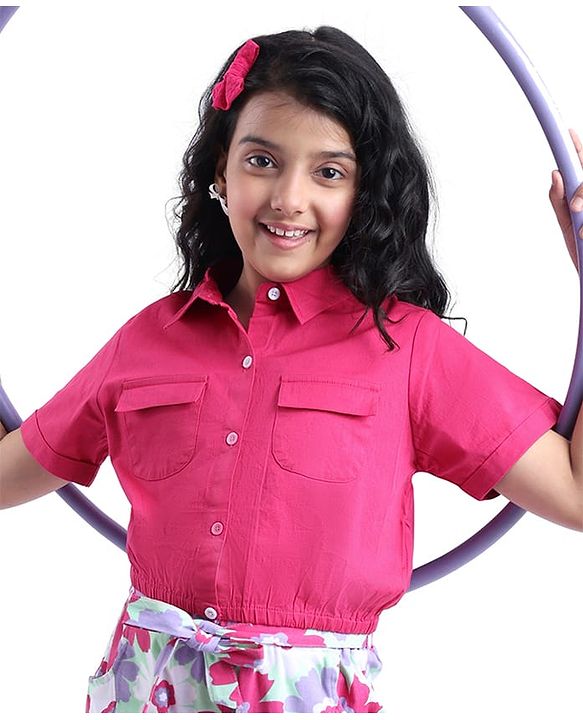 Pine Kids Woven Full Sleeves Collared Neck Front Open Solid Colour Top - Pink