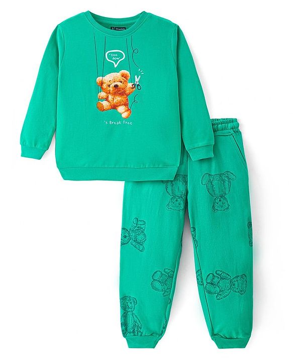 Pine Kids Heavy Gauge Premium Fabric  Full Sleeves Night Suit with Bear Print  - Mint Green