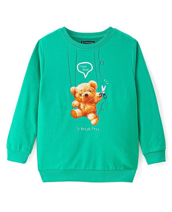 Pine Kids Heavy Gauge Premium Fabric  Full Sleeves Night Suit with Bear Print  - Mint Green