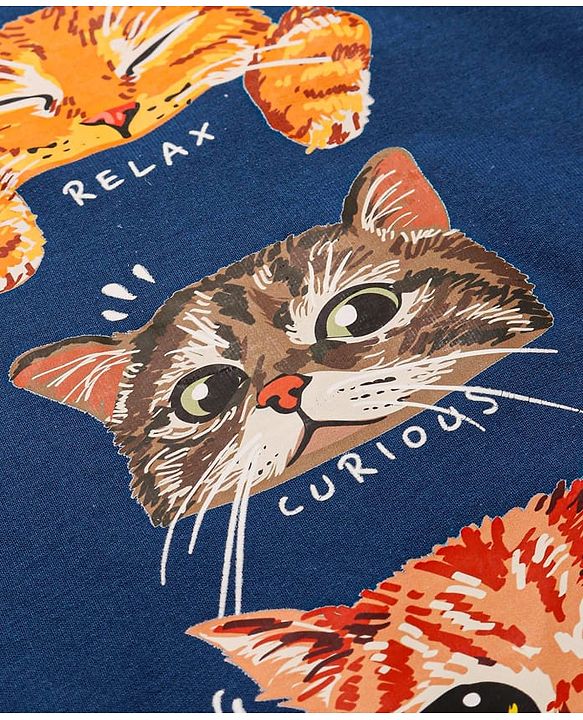 Pine Kids Heavy Gauge Premium Fabric  Full Sleeves Night Suit with Cat Print - Navy Blue