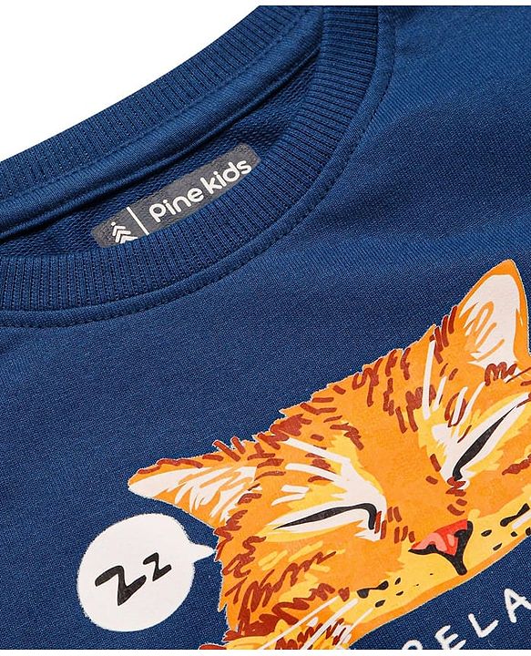 Pine Kids Heavy Gauge Premium Fabric  Full Sleeves Night Suit with Cat Print - Navy Blue