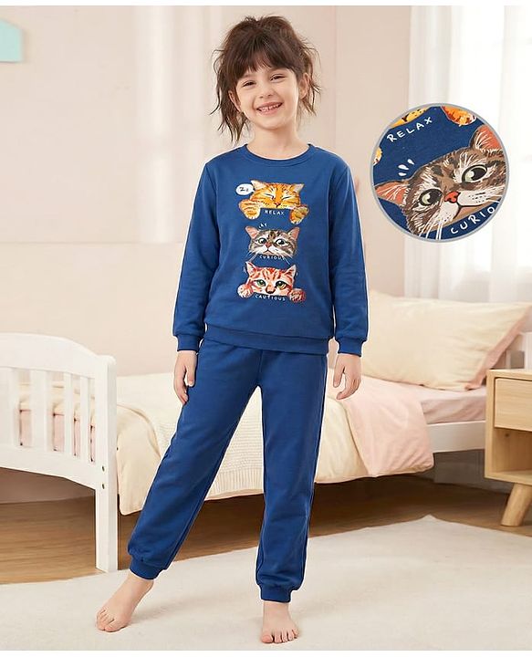 Pine Kids Heavy Gauge Premium Fabric  Full Sleeves Night Suit with Cat Print - Navy Blue