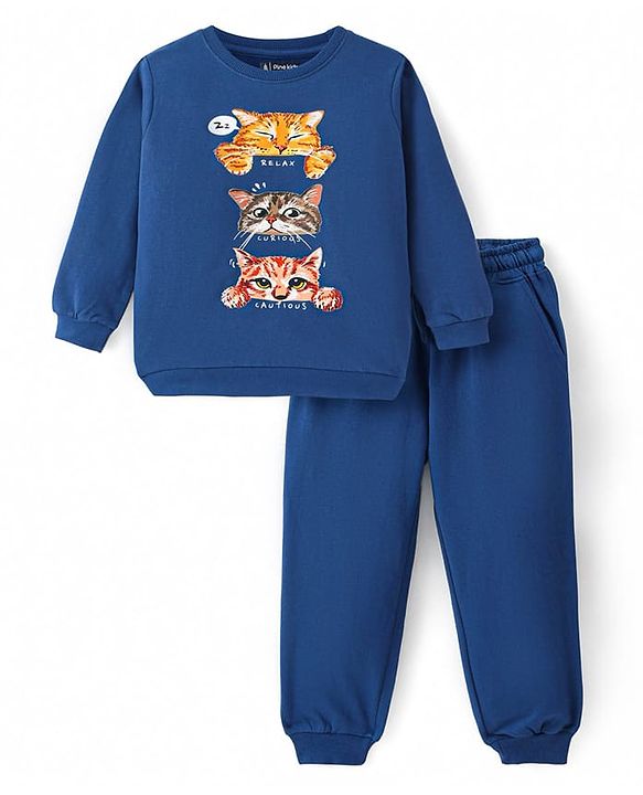 Pine Kids Heavy Gauge Premium Fabric  Full Sleeves Night Suit with Cat Print - Navy Blue