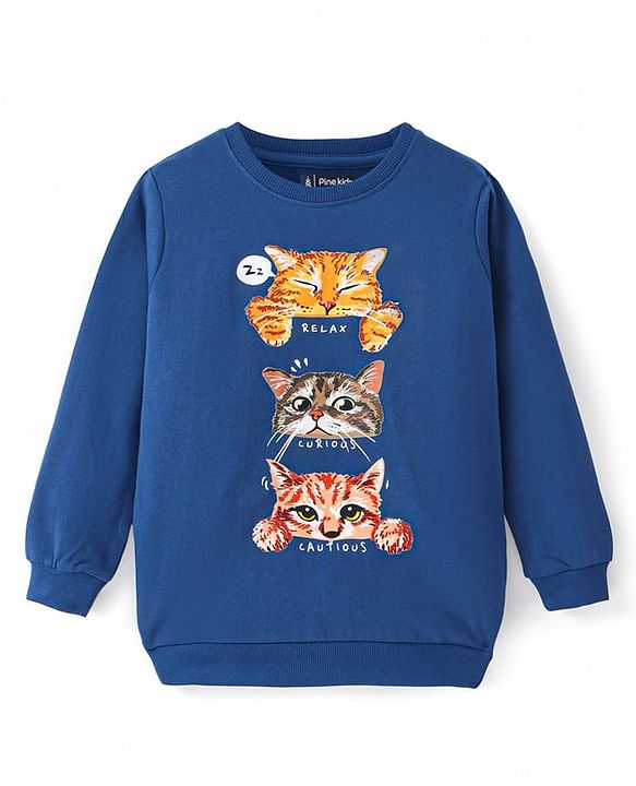 Pine Kids Heavy Gauge Premium Fabric  Full Sleeves Night Suit with Cat Print - Navy Blue