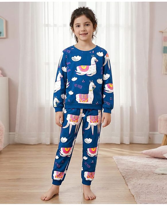 Pine Kids Heavy Gauge Premium Fabric Full Sleeves Lama Printed Night Suit - Navy Blue