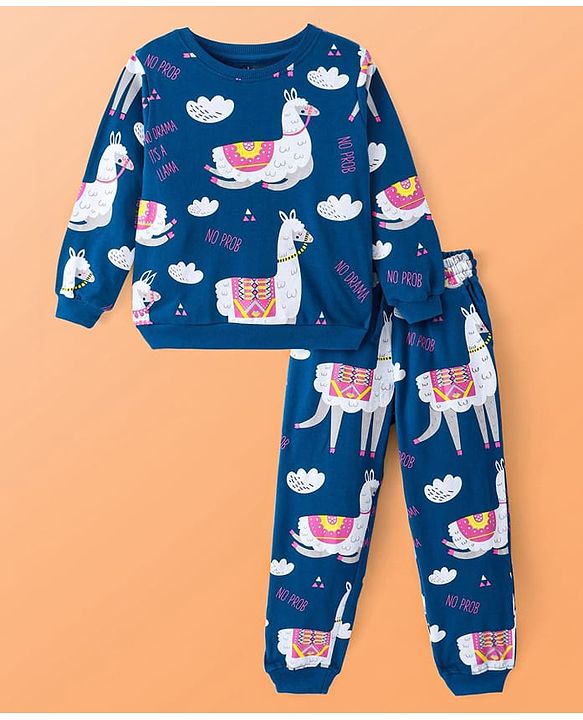 Pine Kids Heavy Gauge Premium Fabric Full Sleeves Lama Printed Night Suit - Navy Blue