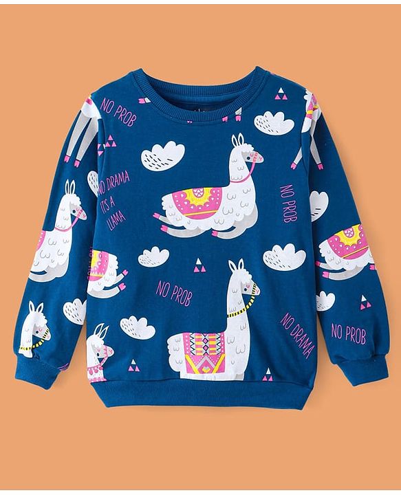 Pine Kids Heavy Gauge Premium Fabric Full Sleeves Lama Printed Night Suit - Navy Blue