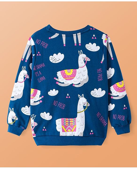 Pine Kids Heavy Gauge Premium Fabric Full Sleeves Lama Printed Night Suit - Navy Blue