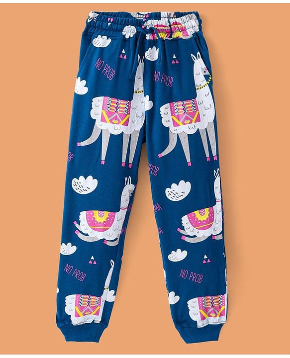 Pine Kids Heavy Gauge Premium Fabric Full Sleeves Lama Printed Night Suit - Navy Blue