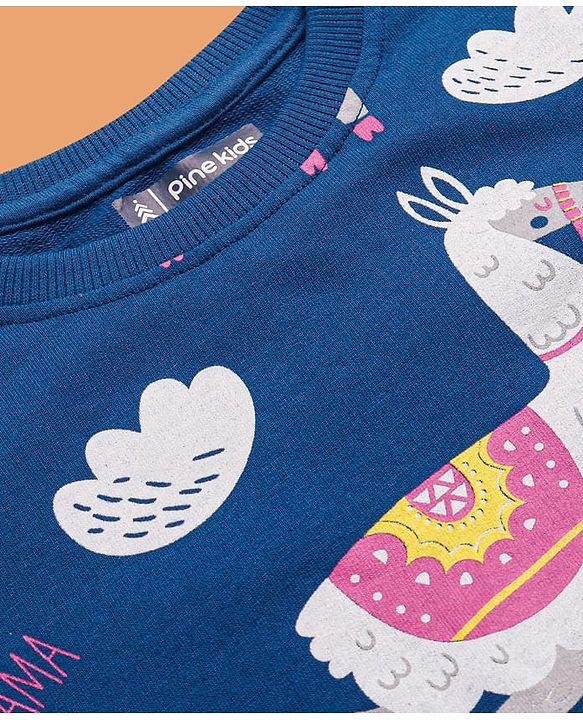 Pine Kids Heavy Gauge Premium Fabric Full Sleeves Lama Printed Night Suit - Navy Blue