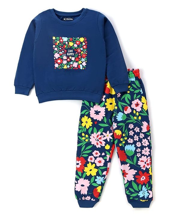 Pine Kids Looper Knit Full Sleeves Night Suit with Floral Print - Navy Blue