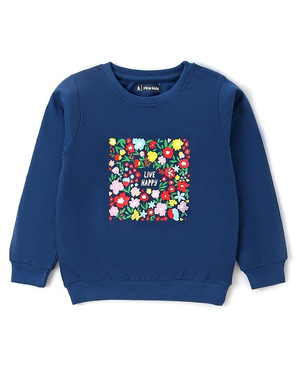 Pine Kids Looper Knit Full Sleeves Night Suit with Floral Print - Navy Blue