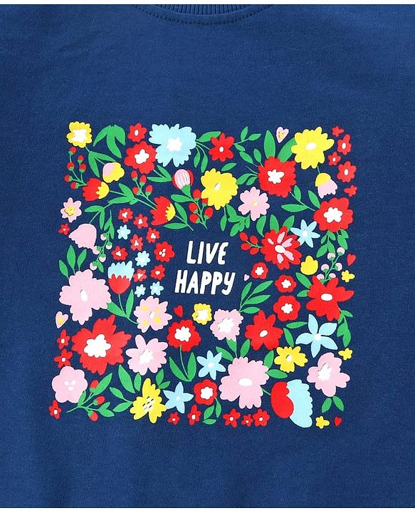 Pine Kids Looper Knit Full Sleeves Night Suit with Floral Print - Navy Blue
