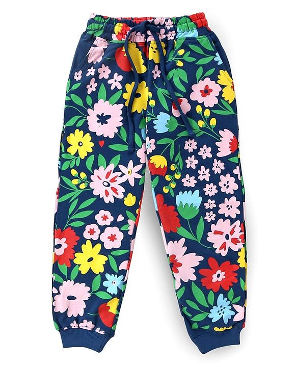 Pine Kids Looper Knit Full Sleeves Night Suit with Floral Print - Navy Blue