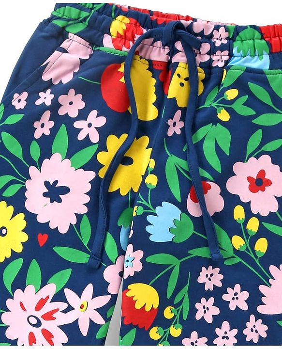 Pine Kids Looper Knit Full Sleeves Night Suit with Floral Print - Navy Blue