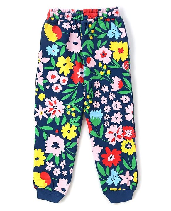 Pine Kids Looper Knit Full Sleeves Night Suit with Floral Print - Navy Blue