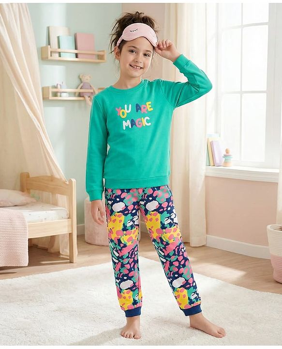 Pine Kids Heavy Gauge Premium Fabric Full Sleeves Text Printed Night Suit - Green & Navy Blue