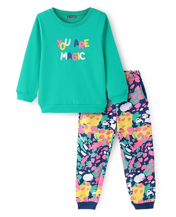 Pine Kids Heavy Gauge Premium Fabric Full Sleeves Text Printed Night Suit - Green & Navy Blue