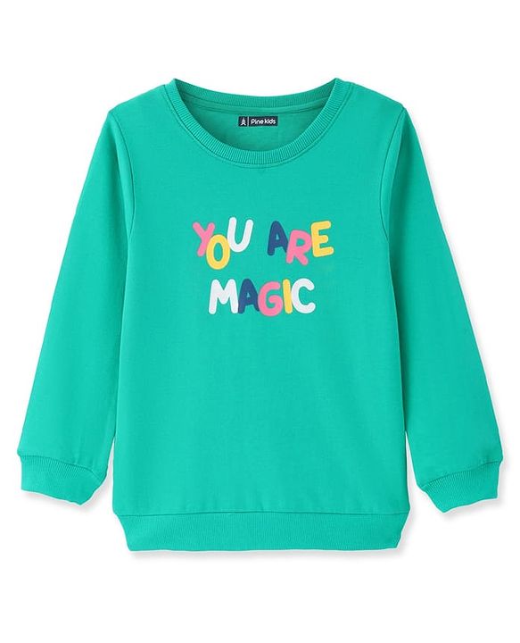 Pine Kids Heavy Gauge Premium Fabric Full Sleeves Text Printed Night Suit - Green & Navy Blue