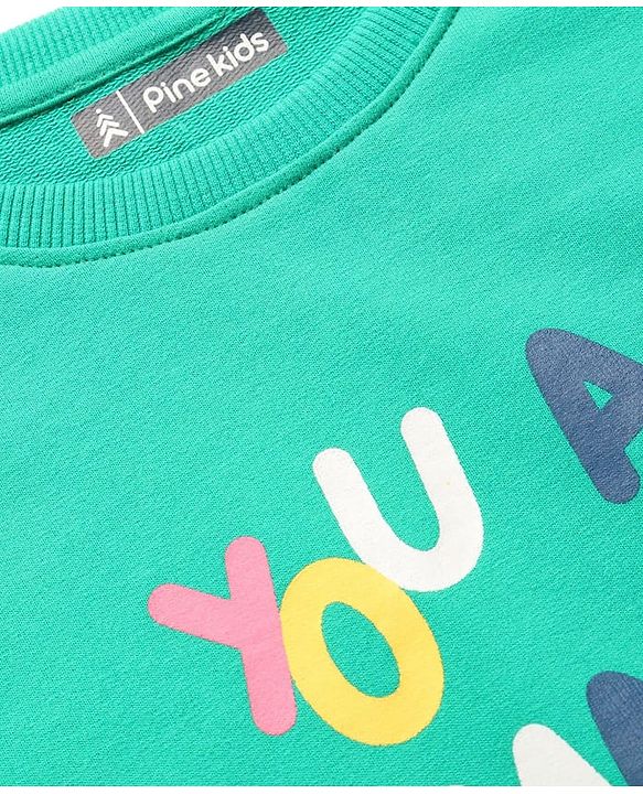 Pine Kids Heavy Gauge Premium Fabric Full Sleeves Text Printed Night Suit - Green & Navy Blue