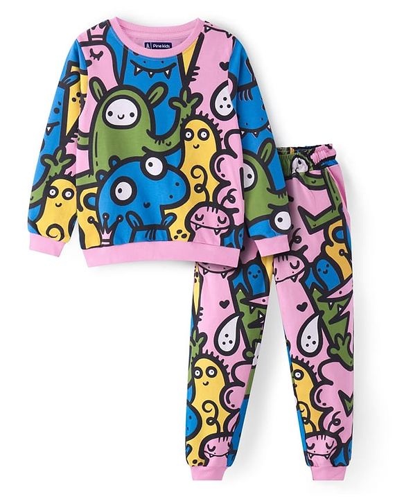 Pine Kids Heavy Gauge Premium Fabric Full Sleeves Monster Printed Night Suit - Pink