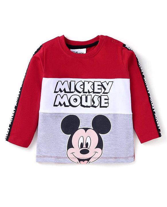 Babyhug Disney Single Jersey Knit Full Sleeves Cut & Sew T-Shirt & Lounge Pant Set with Mickey Mouse Print - Red White & Grey