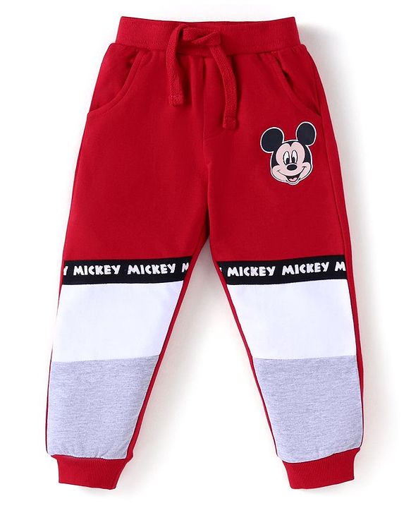 Babyhug Disney Single Jersey Knit Full Sleeves Cut & Sew T-Shirt & Lounge Pant Set with Mickey Mouse Print - Red White & Grey