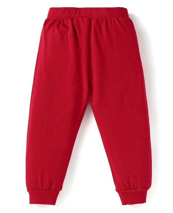 Babyhug Disney Single Jersey Knit Full Sleeves Cut & Sew T-Shirt & Lounge Pant Set with Mickey Mouse Print - Red White & Grey