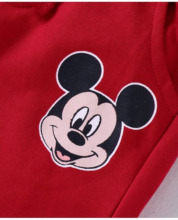 Babyhug Disney Single Jersey Knit Full Sleeves Cut & Sew T-Shirt & Lounge Pant Set with Mickey Mouse Print - Red White & Grey