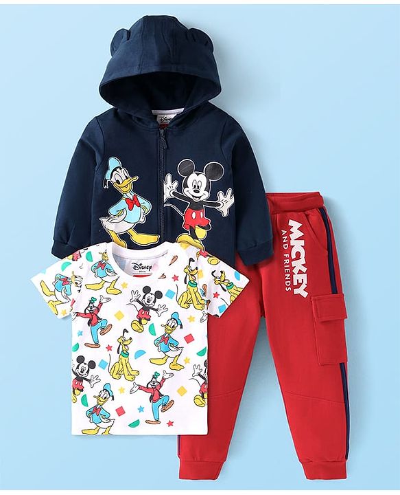 Babyhug Disney Single Jersey Knit Full Sleeves Front-Zipper Mickey Mouse Graphic Print Hooded Jacket with with T-Shirt & Joggers Set - Red Navy Blue & White