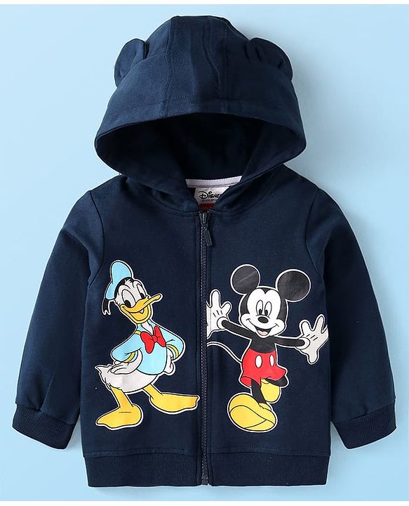 Babyhug Disney Single Jersey Knit Full Sleeves Front-Zipper Mickey Mouse Graphic Print Hooded Jacket with with T-Shirt & Joggers Set - Red Navy Blue & White