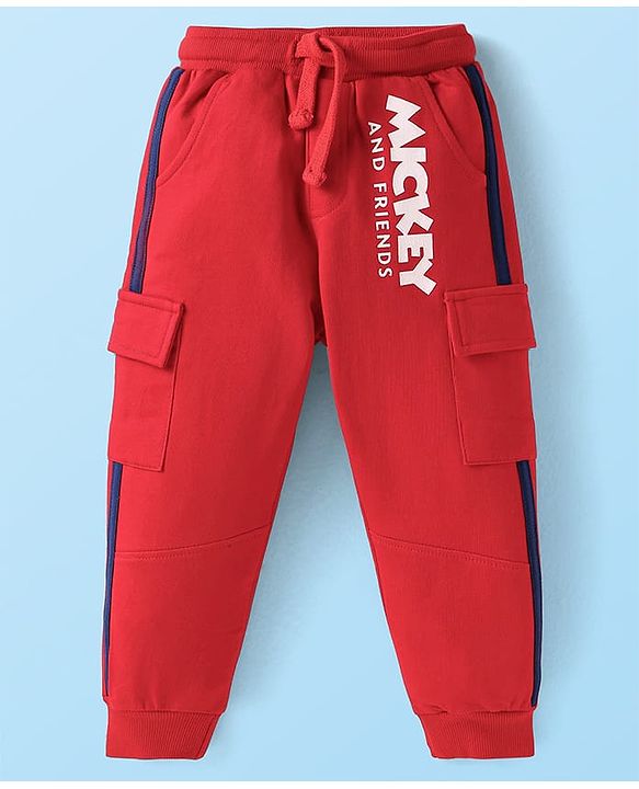 Babyhug Disney Single Jersey Knit Full Sleeves Front-Zipper Mickey Mouse Graphic Print Hooded Jacket with with T-Shirt & Joggers Set - Red Navy Blue & White