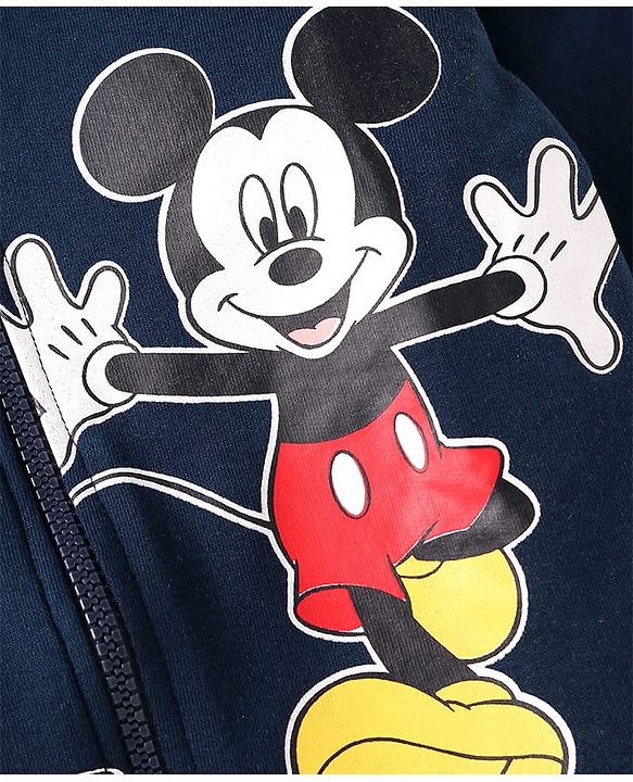 Babyhug Disney Single Jersey Knit Full Sleeves Front-Zipper Mickey Mouse Graphic Print Hooded Jacket with with T-Shirt & Joggers Set - Red Navy Blue & White